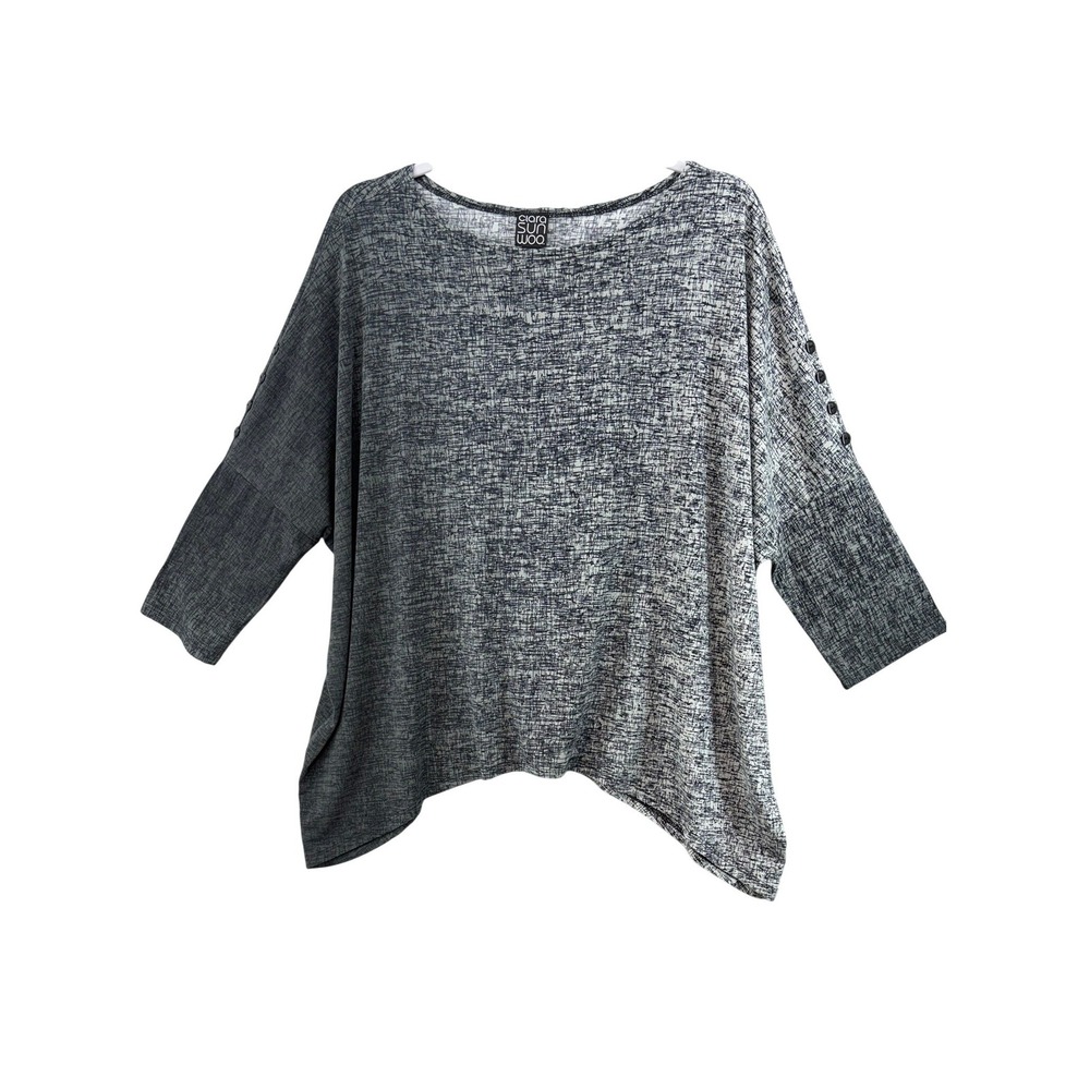 Clara Sun Woo Shirt Sz L Asymmetrical Tunic Black White Abstract Button Top